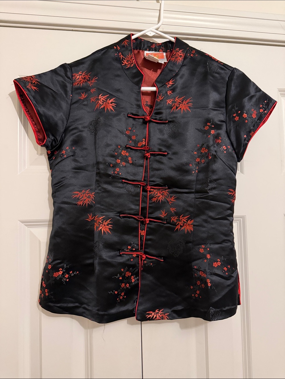 Black Satin Mandarin Collar Top with Red Floral Embroidery